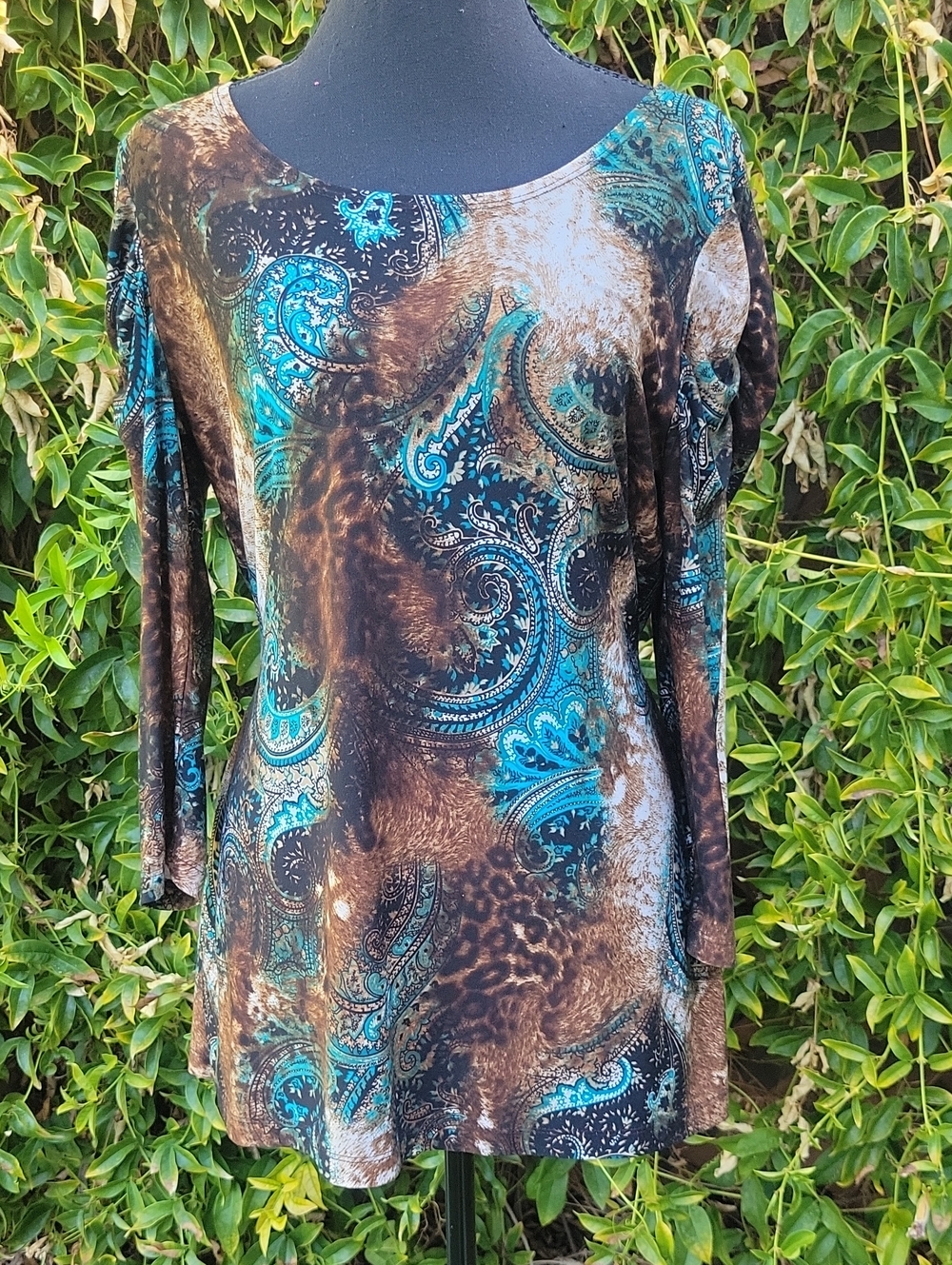 Brown & Turquoise Paisley Long Ruched Sleeve Top